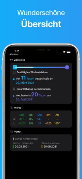 Lensy – Übersicht mit Timeline, Werten und Vorrat